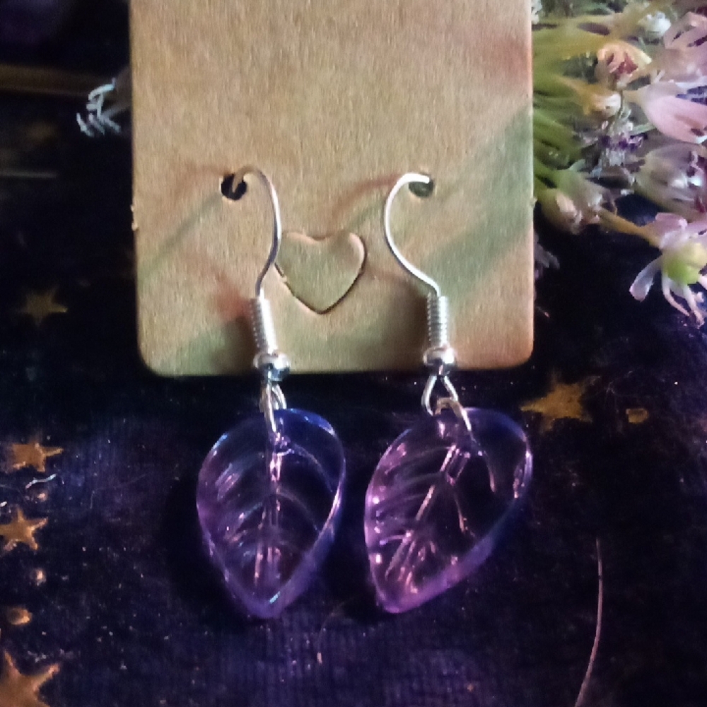 Purple Glass Leaf Earrings with Silver Hooks